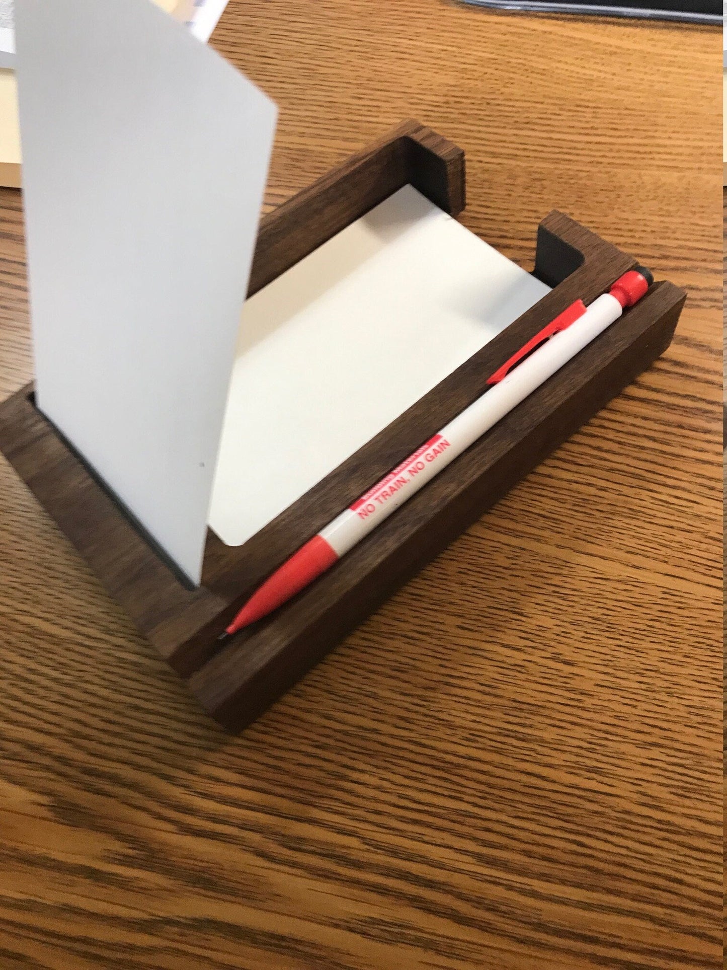 Card Holder for 5 X 3 note cards - with pencil holder - Great for holding notes, or organizing yourself (Shown in walnut)